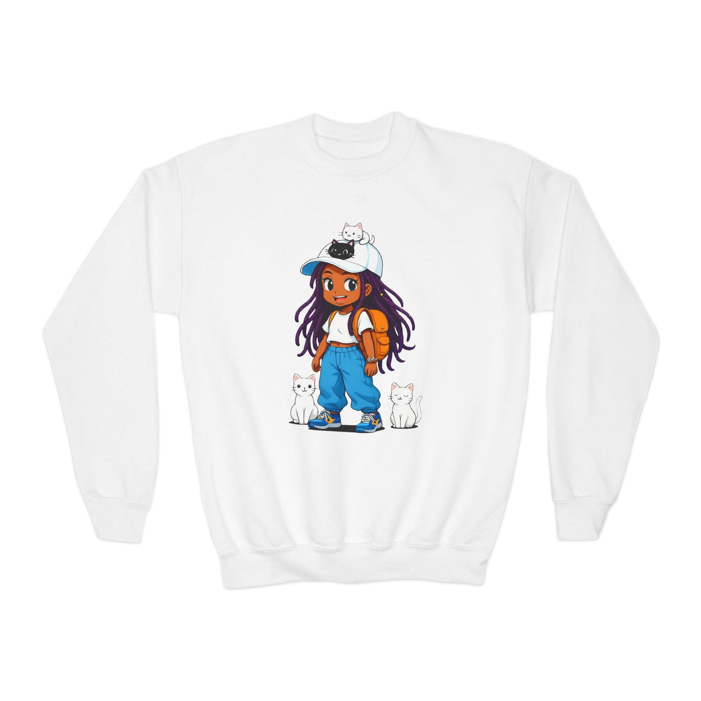 Cute Cat Lover Youth girl Crewneck Sweatshirt, Animal Sweatshirt for girls, Gift for Cat Lovers, Fun Cozy Top, Everyday Wear