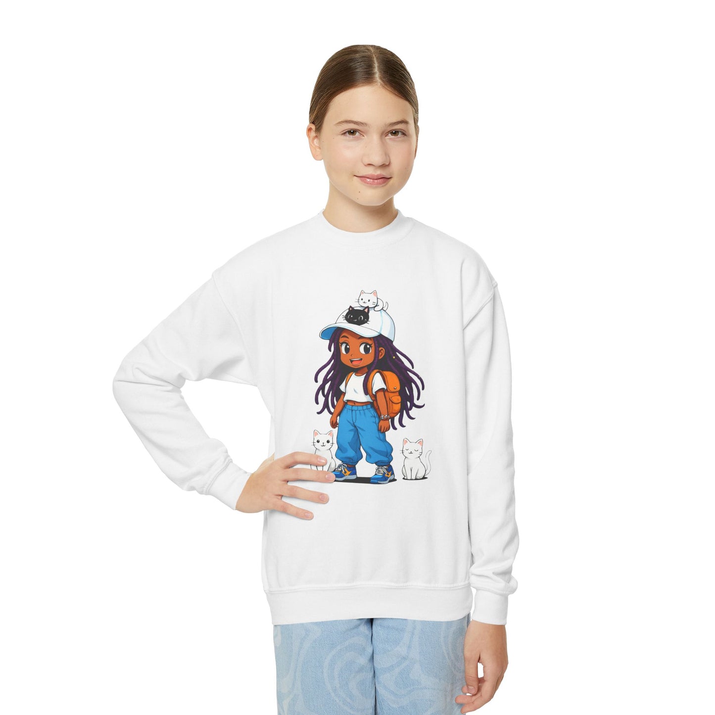 Cute Cat Lover Youth girl Crewneck Sweatshirt, Animal Sweatshirt for girls, Gift for Cat Lovers, Fun Cozy Top, Everyday Wear