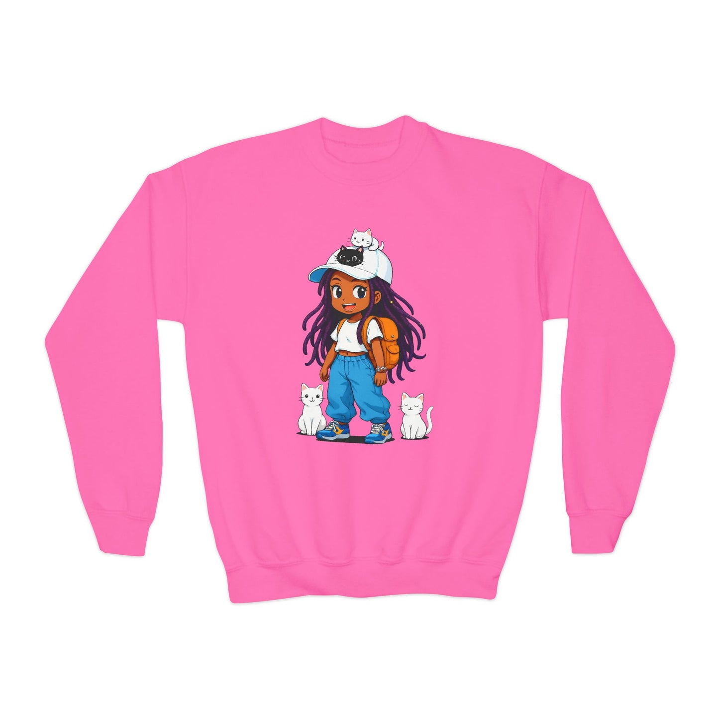 Cute Cat Lover Youth girl Crewneck Sweatshirt, Animal Sweatshirt for girls, Gift for Cat Lovers, Fun Cozy Top, Everyday Wear