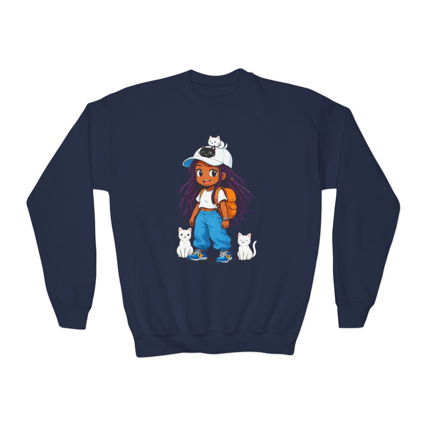 Cute Cat Lover Youth girl Crewneck Sweatshirt, Animal Sweatshirt for girls, Gift for Cat Lovers, Fun Cozy Top, Everyday Wear