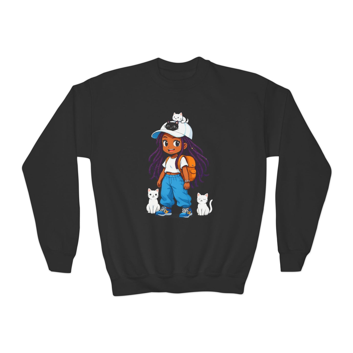 Cute Cat Lover Youth girl Crewneck Sweatshirt, Animal Sweatshirt for girls, Gift for Cat Lovers, Fun Cozy Top, Everyday Wear