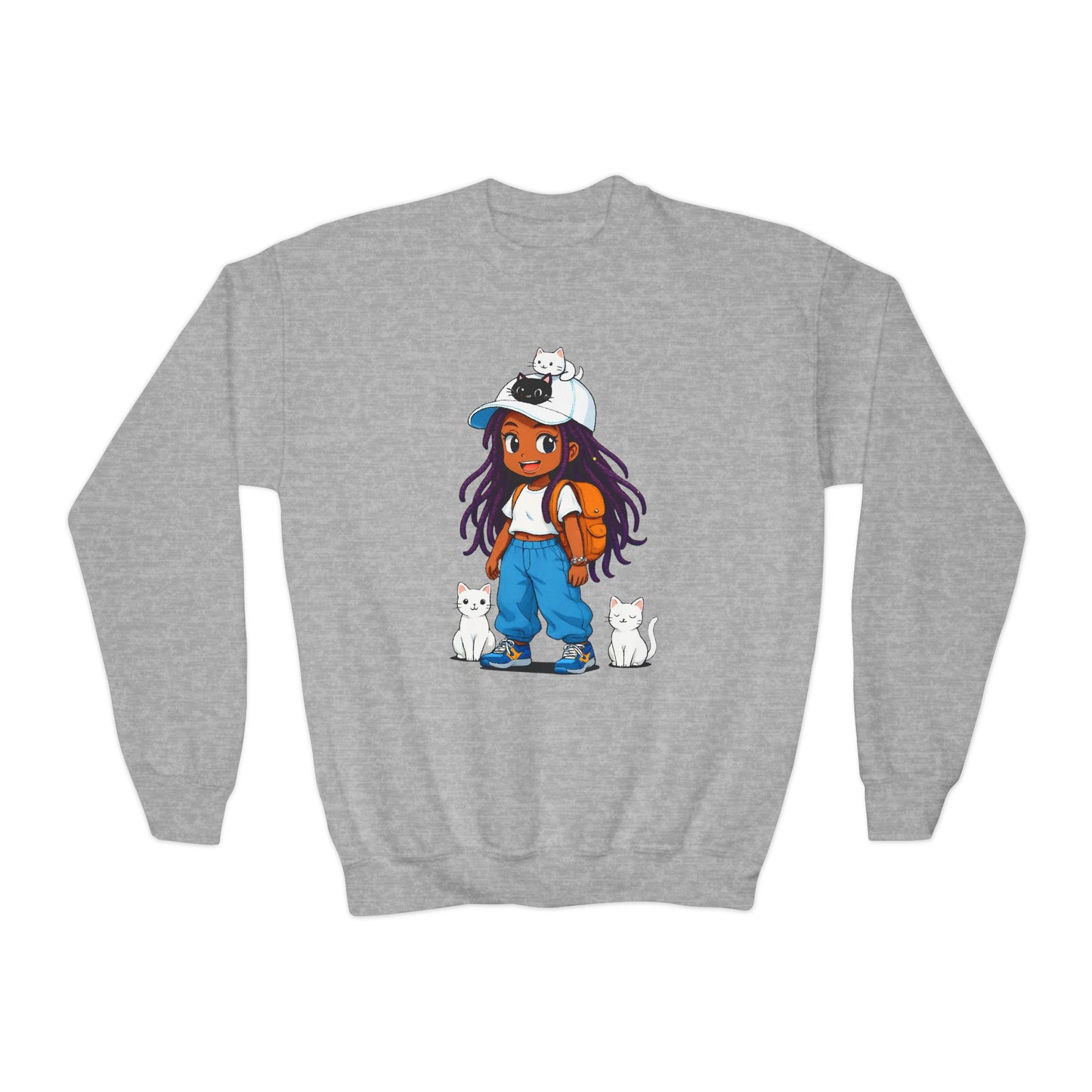Cute Cat Lover Youth girl Crewneck Sweatshirt, Animal Sweatshirt for girls, Gift for Cat Lovers, Fun Cozy Top, Everyday Wear