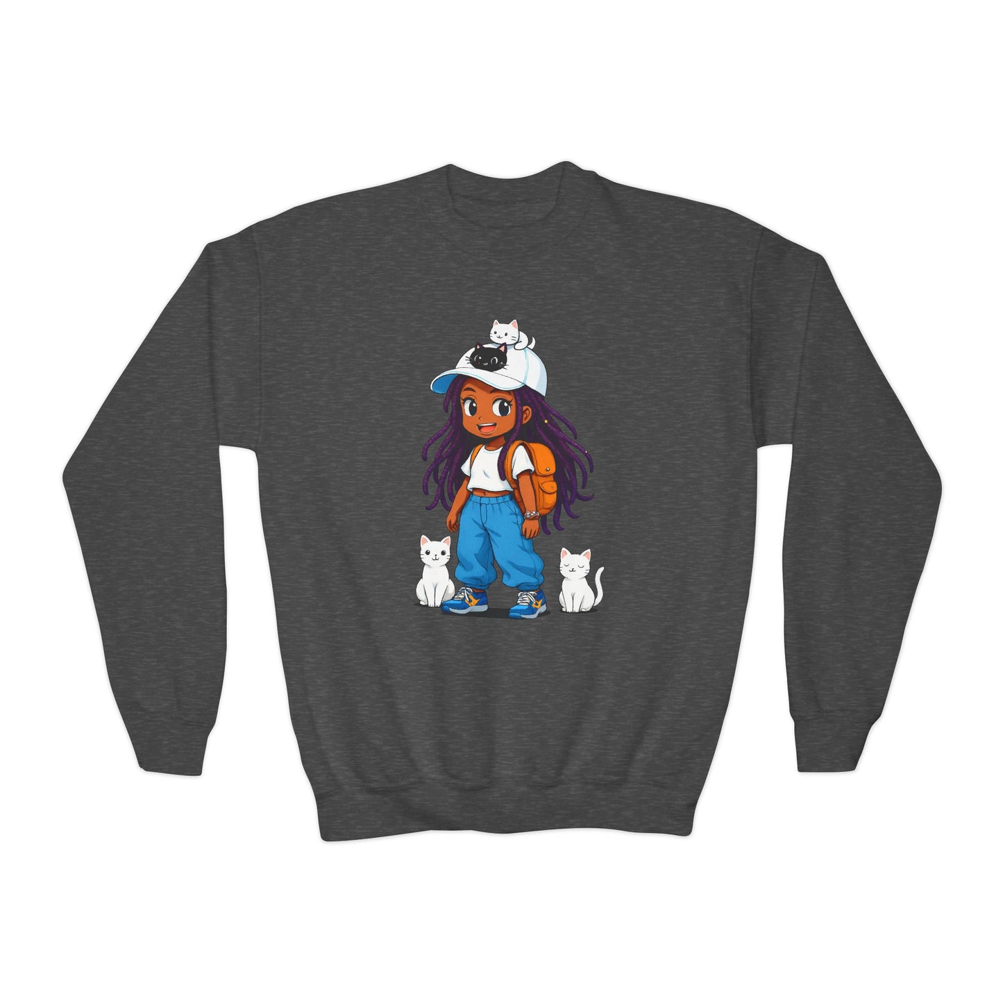 Cute Cat Lover Youth girl Crewneck Sweatshirt, Animal Sweatshirt for girls, Gift for Cat Lovers, Fun Cozy Top, Everyday Wear