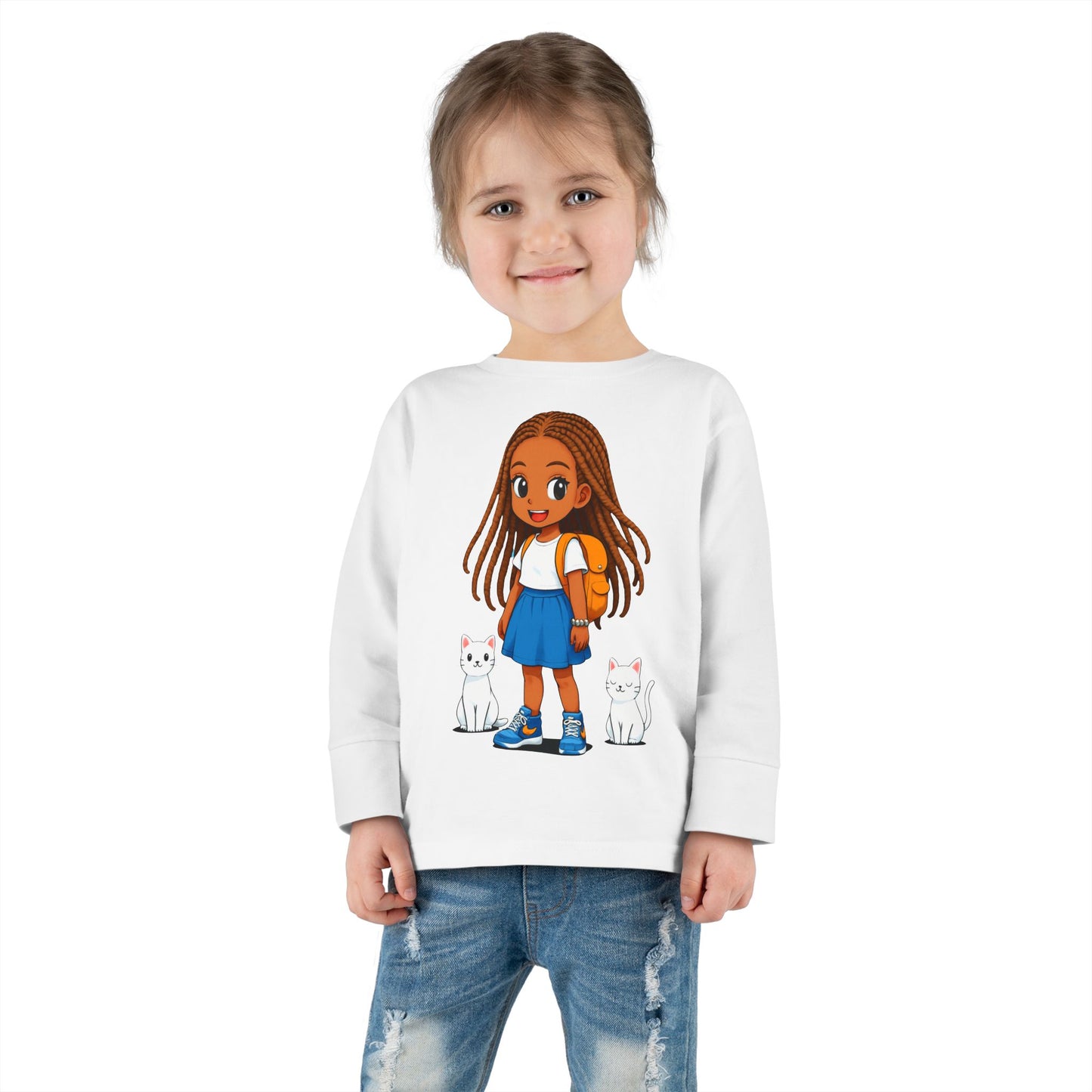 Toddler girl Long Sleeve Tee - Cute Girl with Cats Design