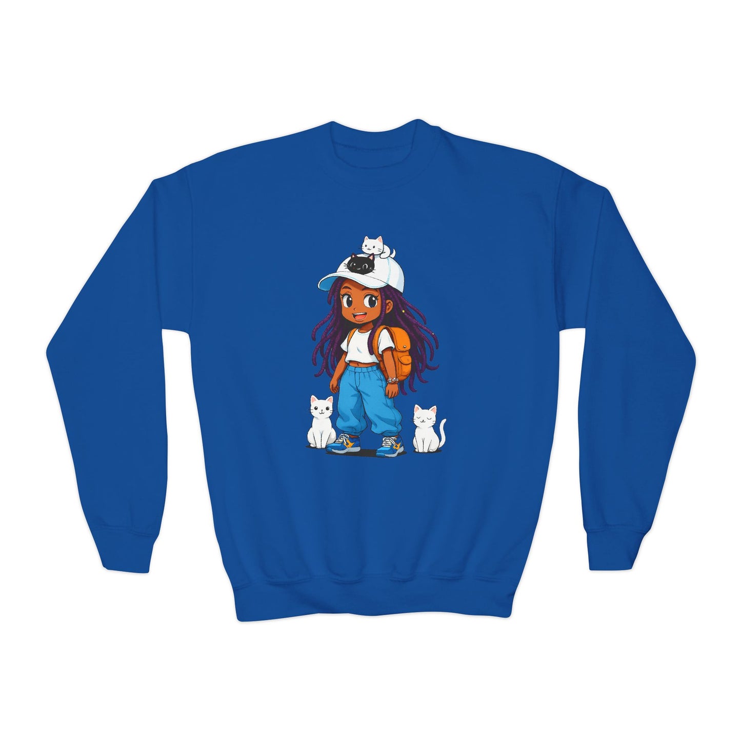 Cute Cat Lover Youth girl Crewneck Sweatshirt, Animal Sweatshirt for girls, Gift for Cat Lovers, Fun Cozy Top, Everyday Wear