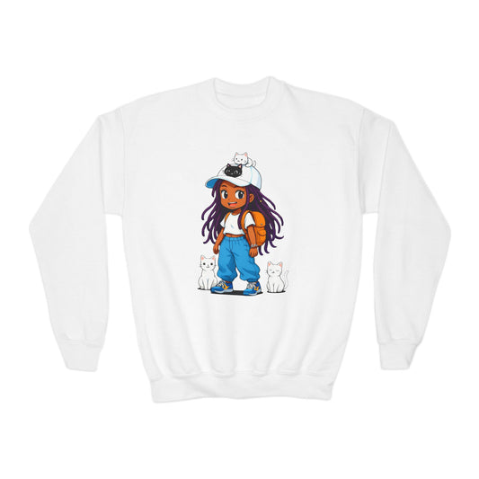Cute Cat Lover Youth girl Crewneck Sweatshirt, Animal Sweatshirt for girls, Gift for Cat Lovers, Fun Cozy Top, Everyday Wear