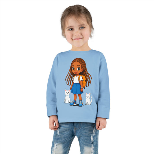 Toddler girl Long Sleeve Tee - Cute Girl with Cats Design