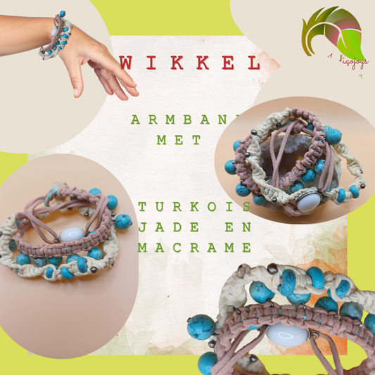 3x layerd macrame armband met zachte kleuren turkois beads en jade