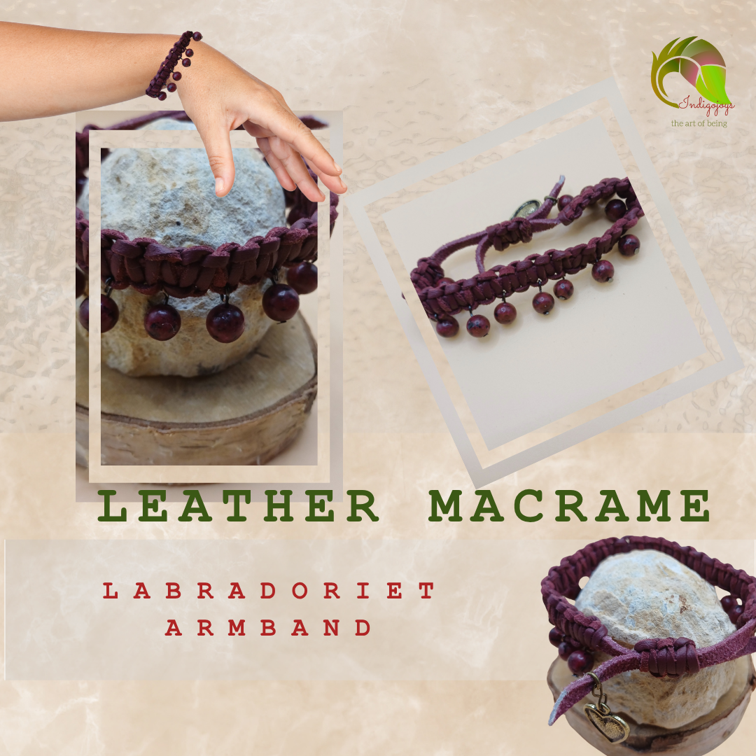 macramé armband in wine red met labradoriet