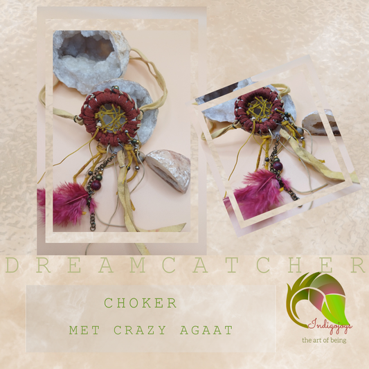 Indigenous Dreamcatcher Choker met Crazy Agaat – Bordeauxrood &amp; Mosterdgeel