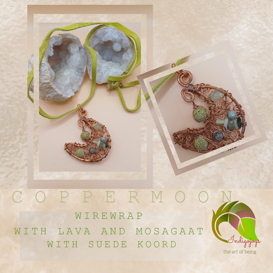 Aarde en Maan – Koperen Maanhanger met Mosagaat en Lavasteen