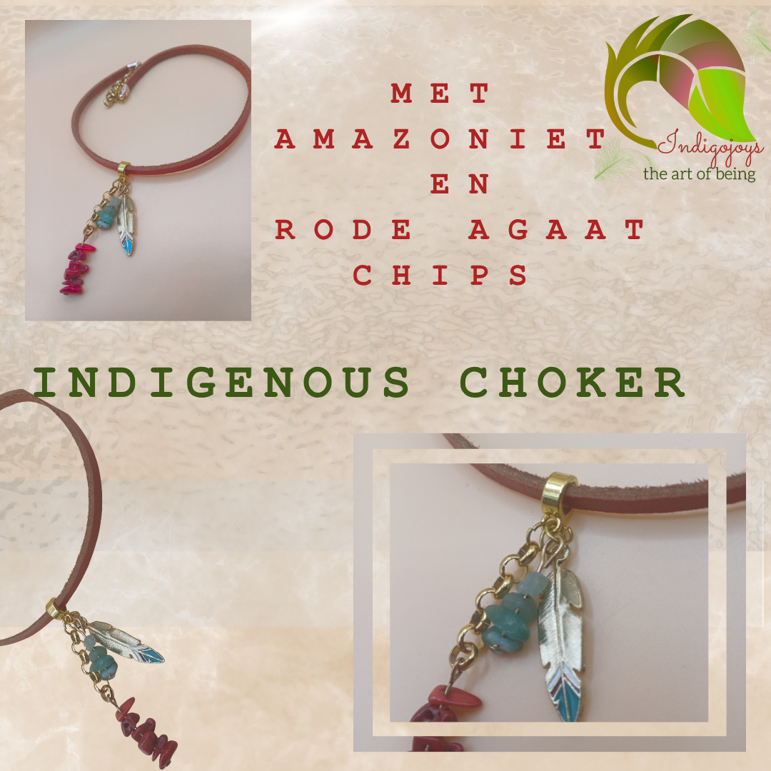 Lederen indigenous choker met amazoniet en rode agaat