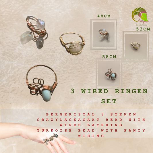3 ringen turquoise,bergkristal en crazylaceagaat